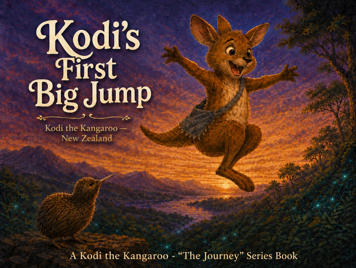Cover of Kodi's First Big Jump — Kodi the kangaroo leaping joyfully at sunset over a New Zealand valley, with Kiri the kiwi watching below